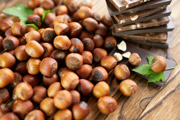 Whole hazelnut kernels with chocolate cubes. Beautiful photo wallpaper for a recipe blog.