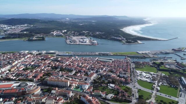 Drone shows overview of the Port of Viana do Castelo in Portugal