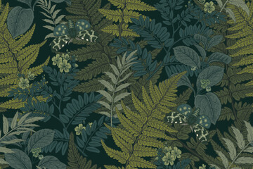 Seamless pattern. Fern leaves, flowers and moths. - 553418085