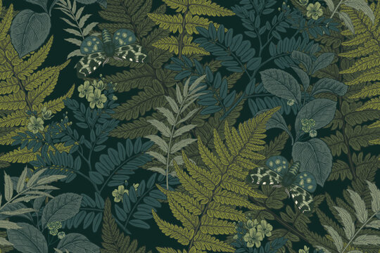Seamless pattern. Fern leaves, flowers and moths.