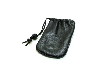 Black leather drawstring pouch mockup isolated on white background.