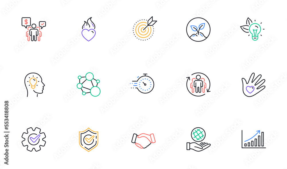 Poster core values line icons. integrity, target purpose and strategy. trust handshake, social responsibili