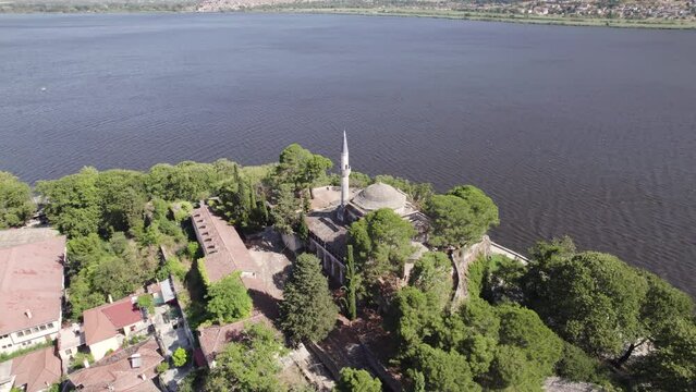 Aerial rotating shot around the Aslan Pasha Mosque in Ioannina, Greece