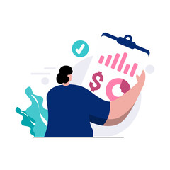 financial statements flat illustration, male character holding a report containing financial chart analysis. blue pink color business concept. isolated white. suitable for web design and mobile app