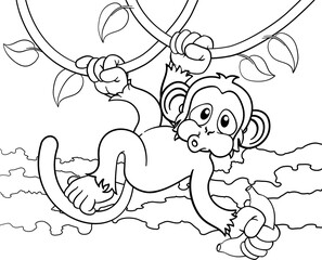 Monkey Singing On Jungle Vines With Banana Cartoon