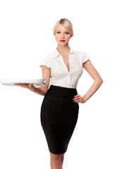 Girl waitress with a tray on a gray background