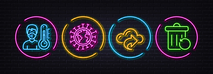 Coronavirus, Thermometer and Cloud share minimal line icons. Neon laser 3d lights. Recovery trash icons. For web, application, printing. Pandemic infection, Doctor with mask, Data sharing. Vector