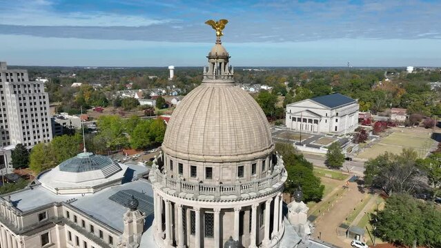 Aerial orbit of state capital in Jackson Mississippi.
