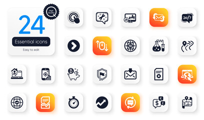Set of Technology flat icons. Spanner, 5g internet and 24h service elements for web application. Money currency, Forward, Work home icons. Candlestick chart, Map, Seo phone elements. Vector