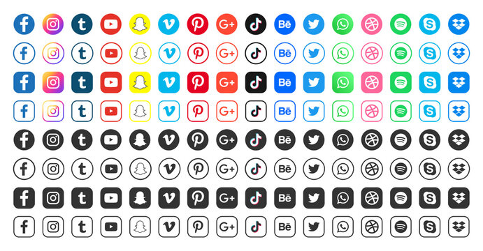 Social media icons or social network logos flat png icon set collection for apps and websites. Transparent background.