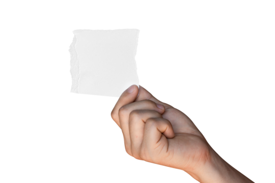 Hand holding ripped torn paper isolated on transparent background PNG file.
