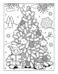 Winter holidays, New Year or Christmas joy coloring page, sign or poster with christmas tree, cheerful gingerbread man, gift box
