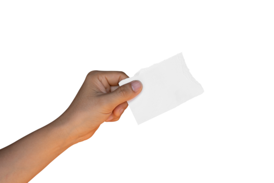 Hand holding ripped torn paper isolated on transparent background PNG file.