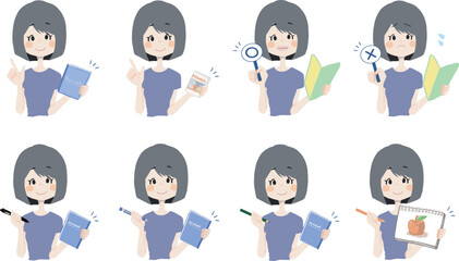 【本、漫画、マルバツ、絵を持っている女の子】表情とポーズのバリエーションセット