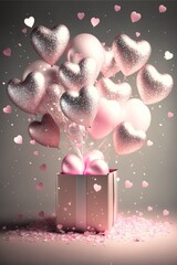 Fototapeta premium Realistic romantic background with heart shaped balloons, gift box and light effects on blurred background with confetti. 