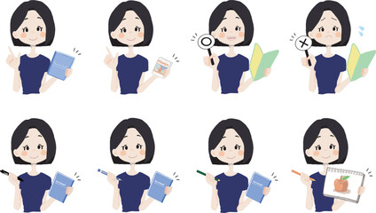 【本、漫画、マルバツ、絵を持っている女の子】表情とポーズのバリエーションセット