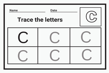 Alphabet tracing worksheet. A-Z writing pages. Letter C. uppercase and lowercase tracing. Handwriting exercise for kids. Printable worksheet.