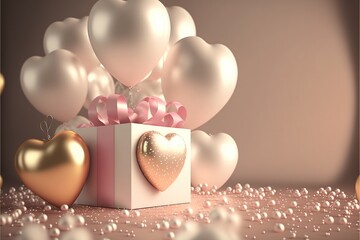 Obraz na płótnie Canvas Festive romantic background with balloons hearts and confetti Valentine's Day or Merry Christmas and Happy New Year greetings. Generative Ai.