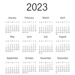 Vector calendar for 2023. The week starts on Sunday.