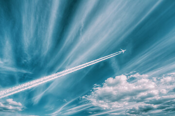 Concept Of Travel. Flying Airplane On Sky Background Soft Colors. Dream And Travel. Advertise Of...