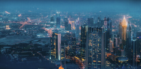 Aerial View Of Evening Night Scenic View Of Skyscraper. Street Night Illumination Of High-rise Buildings Of Residential District In Dubai. Night Scenic View Of Dubai Skyline.