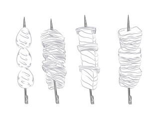 Vector black and white illustration of a Japanese kebab on a skewer. Asian cuisine wallpaper for menu, packaging, cafe, restaurant.