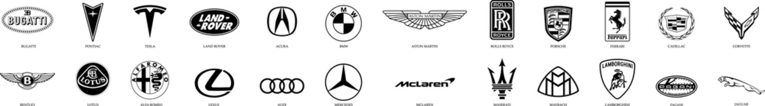 Set Of Popular Logos Of Cars Brands: Lamborghini, Cadillac, Corvette, Bugatti, Pontiac, Audi, Mercedes, BMW, Aston Martin, Rolls Royce, Porsche, Ferrari, McLaren, Maserati, Maybach, Pagani, Png