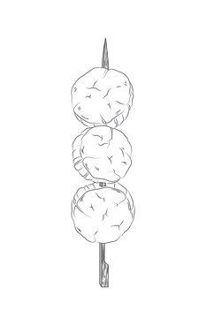 Vector black and white illustration of a Japanese kebab on a skewer. Asian cuisine wallpaper for menu, packaging, cafe, restaurant.