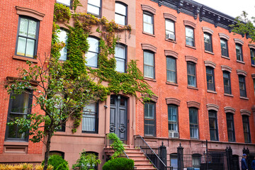 Patch of beautiful brick apartment buildings in New York City iconic Greenwich Village with ivy on...