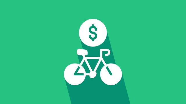 White Bicycle rental mobile app icon isolated on green background. Smart service for rent bicycles in the city. Mobile app for sharing system. 4K Video motion graphic animation