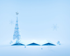 Blue 3d rendering  of Christmas and Happy New Year background. Xmas tree pine and map gps navigation.