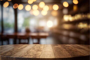 Wooden table with blurred background for product display 
