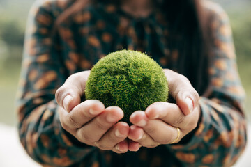 Ecology and environment sustainable concept, Green energy, World Earth Day, Hand of young woman holding green earth.