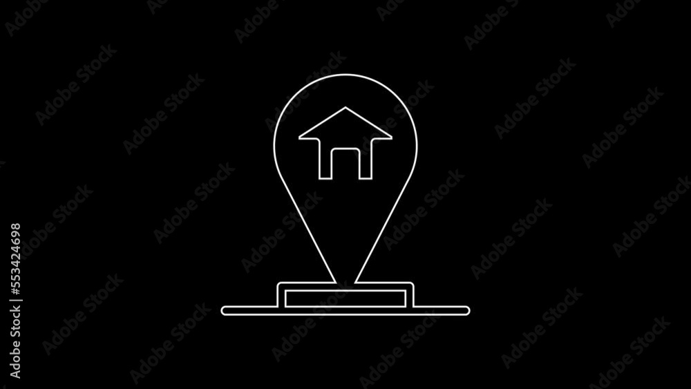 Poster white line map pointer with house icon isolated on black background. home location marker symbol. 4k