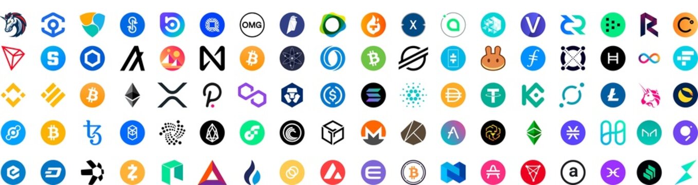 Set of top cryptocurrency tokens logos. Crypto-Currency coins: Bitcoin, Ethereum, Dogecoin, Tether, Cardano, Ripple, Uniswap, Tether cryptocurrencies. png