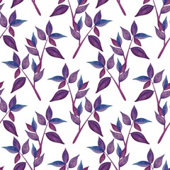 Seamless pattern with watercolor-drawn branches with purple leaves.