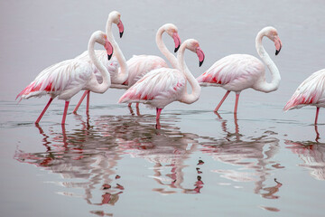 Namibia Flamingos. Group of Pink Flamingos Birds near Walvis Bay, the Atlantic Coast of Namibia, Africa. 