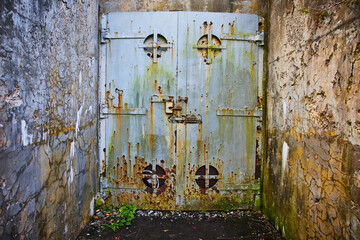 Old mine entrance with cement walls and huge steel door rusting