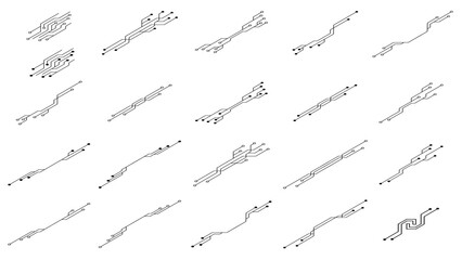 Isometric set of printed circuit board PCB tracks silhouettes isolated on white background. Technical clipart. Dividers for design. Vector element.
