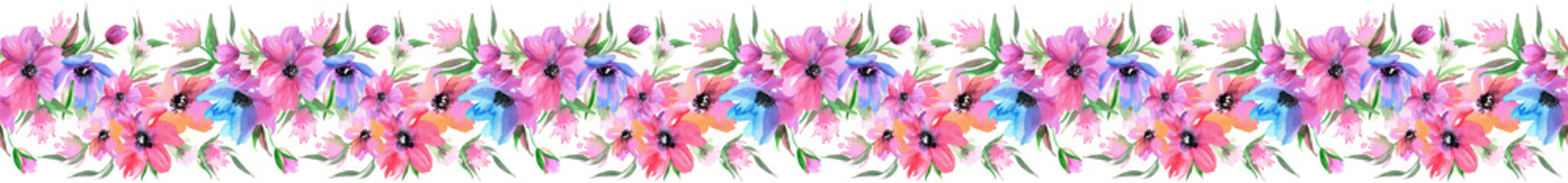 Colorful watercolor seamless floral border. Pink and blue flowers