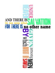 bible quotes (acts 4:12) colourful text framed in christian cross on white background - illustration