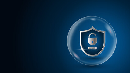 Shield and lock are protected by a protective glass sphere. Password field. Realistic security concept. 3d vector on dark blue background