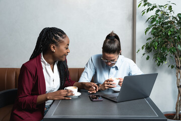 Young successful self employed freelancers women working from cafeteria on laptop computer while...