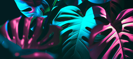 Dark green tropical leaves colorful neon light, ai