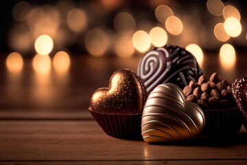 Valentine's day ,  festive lights background hearts scene with chocolates  love valentine's day shiny background