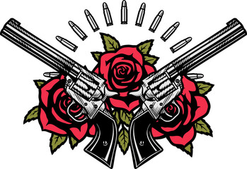 Two crossed pistols and roses. Vector illustration. - 553426292