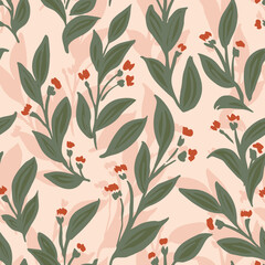 Little night bloomers meadow of flowers forming a shadow in a subtle palette of red, green and pink on light pink background. Great for home decor, fabric, wallpaper, stationery, design projects.
