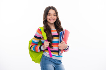 Back to school. Schoolgirl student with school bag backpack hold book on isolated studio...