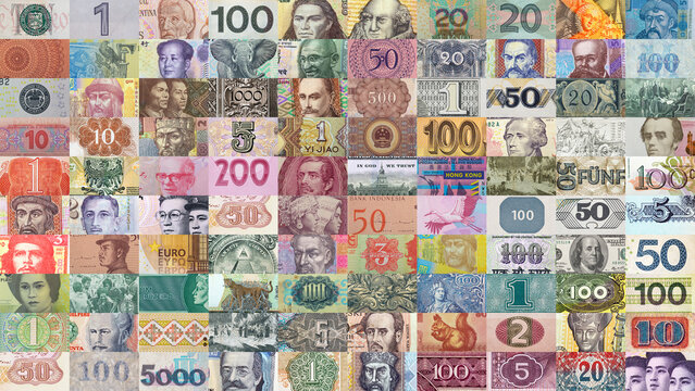 Paper cash money element collage. Currency set. Banknote background. Financial concept.