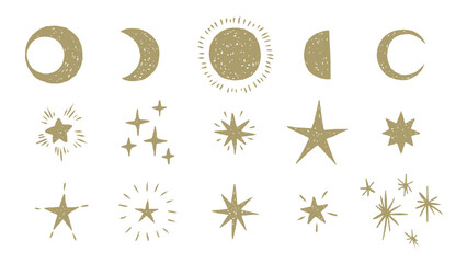 月と星　シンプルな手描きの天体　お洒落な装飾イラストセット © わたほこり